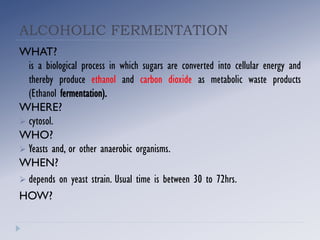 ALCOHOLIC FERMENTATION
WHAT?
 is a biological process in which sugars are converted into cellular energy and
thereby produce ethanol and carbon dioxide as metabolic waste products
(Ethanol fermentation).
WHERE?
 cytosol.
WHO?
 Yeasts and, or other anaerobic organisms.
WHEN?
 depends on yeast strain. Usual time is between 30 to 72hrs.
HOW?
 