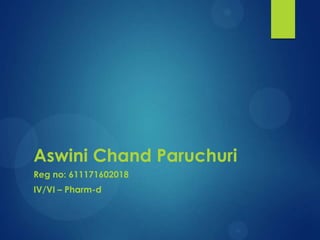 Aswini Chand Paruchuri
Reg no: 611171602018
IV/VI – Pharm-d
 