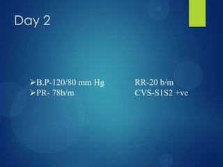 Day 2
B.P-120/80 mm Hg RR-20 b/m
PR- 78b/m CVS-S1S2 +ve
 
