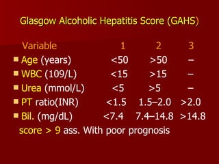 Glasgow Alcoholic Hepatitis Score (GAHS ) Variable  1  2  3 Age  (years)  <50  >50  – WBC  (109/L)  <15  >15  – Urea  (mmol/L)  <5  >5  – PT  ratio(INR)  <1.5  1.5–2.0  >2.0 Bil.  (mg/dL)  <7.4  7.4–14.8  >14.8 score > 9  ass. With poor prognosis 