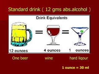 Standard drink  (  12 gms   abs.alcohol  ) 4 4 One beer  wine  hard liqour   1 ounce = 30 ml 