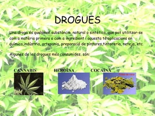 DROGUES Una droga és qualsevol substància, natural o sintètica, que pot utilitzar-se com a matèria primera o com a ingredient i aquesta té aplicacions en química,indústria, artesania, preparació de pintures,tintoreria, neteja, etc . Algunes de les drogues més consumides, són: CANNABIS  HEROÏNA  COCAÏNA 