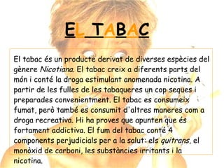 E L  T A B A C El tabac és un producte derivat de diverses espècies del gènere  Nicotiana . El tabac creix a diferents parts del món i conté la droga estimulant anomenada nicotina. A partir de les fulles de les tabaqueres un cop seques i preparades convenientment. El tabac es consumeix fumat, però també es consumit d'altres maneres com a droga recreativa. Hi ha proves que apunten que és fortament addictiva. El fum del tabac conté 4 components perjudicials per a la salut: els  quitrans , el monòxid de carboni, les substàncies irritants i la nicotina. 