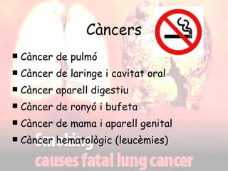 Càncers Càncer de pulmó Càncer de laringe i cavitat oral Càncer aparell digestiu  Càncer de ronyó i bufeta Càncer de mama i aparell genital Càncer hematològic (leucèmies) 