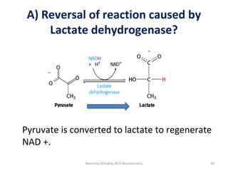 A) Reversal of reaction caused by
Lactate dehydrogenase?
Pyruvate is converted to lactate to regenerate
NAD +.
30Namrata Chhabra, M.D.Biochemistry
 