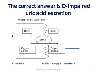 The correct answer is D-Impaired
uric acid excretion
51Namrata Chhabra, M.D.Biochemistry
 