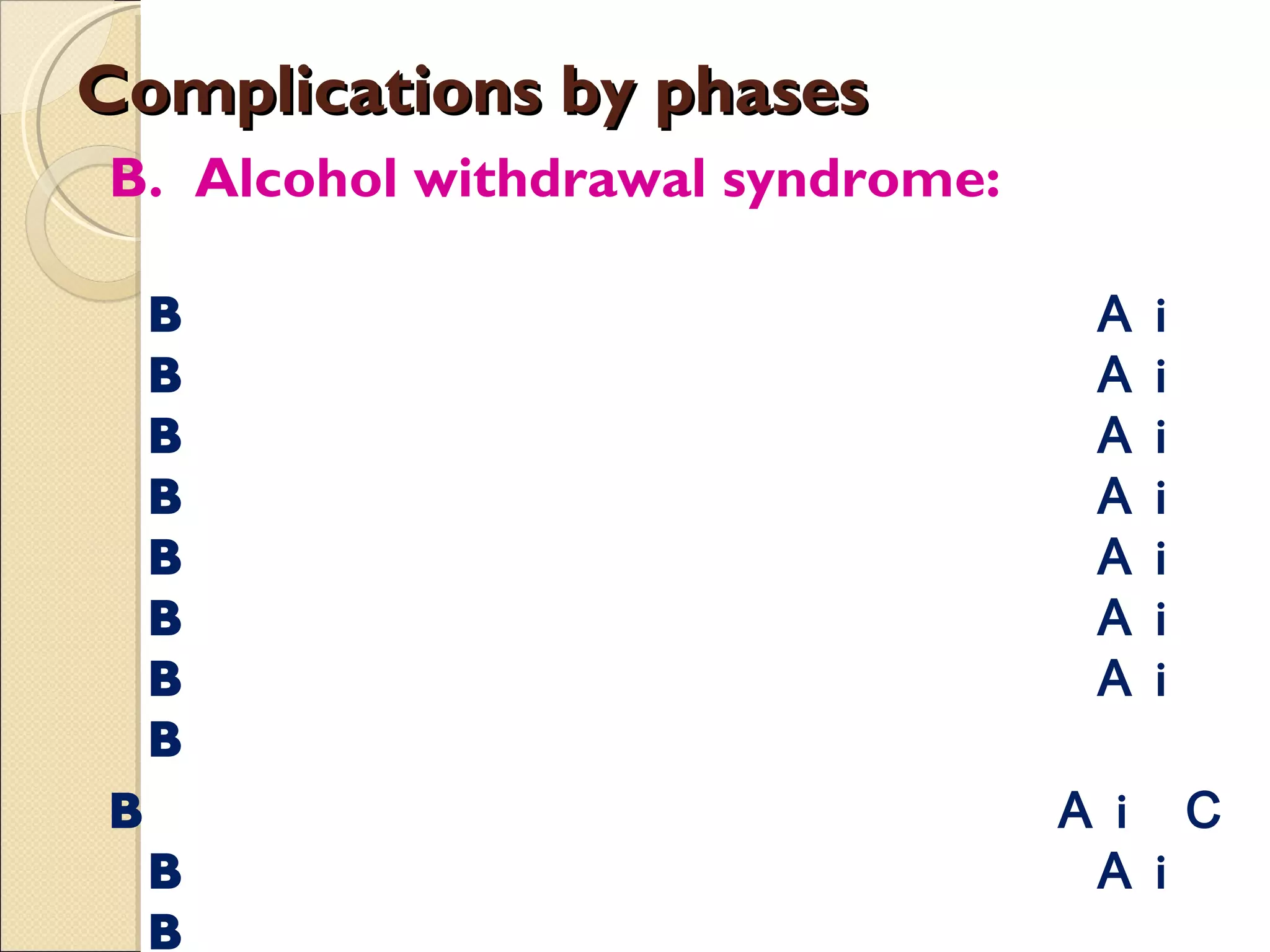 Complications by phases B.  Alcohol withdrawal syndrome:       