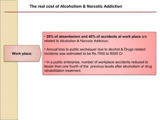 Work place:
• 20% of absenteeism and 40% of accidents at work place are
related to Alcoholism & Narcotic Addiction.
• Annual loss to public exchequer due to alcohol & Drugs related
incidents was estimated to be Rs.7000 to 8000 Cr
• In a public enterprise, number of workplace accidents reduced to
lesser then one fourth of the previous levels after alcoholism or drug
rehabilitation treatment.
The real cost of Alcoholism & Narcotic Addiction
 