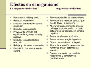 Efectos en el organismo
En pequeñas cantidades: En grandes cantidades:
 Perturbar la razón y juicio
 Retardar los reflejos
 Dificultar el habla y el control
muscular
 Dificultar la respiración
 Provocar la pérdida del
equilibrio la agudeza visual y
auditiva
 Dificultar la capacidad de
reacción
 Relajar y disminuir la ansiedad
 Desinhibir, dar sensación de
euforia
 Provocar pérdida de conocimiento
 Provocar una hepatitis aguda, que
puede llevar a la muerte
 Alterar el funcionamiento general
del hígado provocando un daño
celular que se traduce, en cirrosis
hepática.
 Provocar náuseas y vómitos
 Provocar hemorragia digestiva
 Dilatar los capilares de la piel
 Alterar la absorción de sustancias
nutritivas Irritar estómago e
intestino
 Causar la muerte por parálisis
respiratoria y compromiso
cardiovascular
 