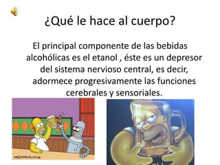 ¿Qué le hace al cuerpo?
  El principal componente de las bebidas
alcohólicas es el etanol , éste es un depresor
    del sistema nervioso central, es decir,
  adormece progresivamente las funciones
           cerebrales y sensoriales.
 