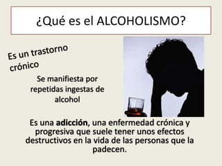¿Qué es el ALCOHOLISMO?
Es una adicción, una enfermedad crónica y
progresiva que suele tener unos efectos
destructivos en la vida de las personas que la
padecen.
Se manifiesta por
repetidas ingestas de
alcohol
 