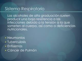 Sistema Respiratorio
Los alcoholes de alta graduación suelen
producir una baja resistencia a las
infecciones debido a la tensión a la que
someten al cuerpo, así como a deficiencias
nutricionales.
 Neumonías
 Tuberculosis
 Enfisemas
 Cáncer de Pulmón
 