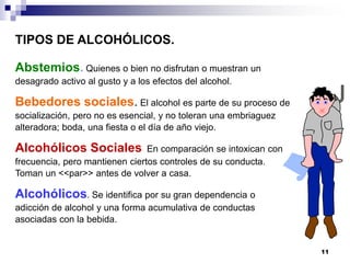TIPOS DE ALCOHÓLICOS.
Abstemios. Quienes o bien no disfrutan o muestran un
desagrado activo al gusto y a los efectos del alcohol.
Bebedores sociales. El alcohol es parte de su proceso de
socialización, pero no es esencial, y no toleran una embriaguez
alteradora; boda, una fiesta o el día de año viejo.
Alcohólicos Sociales. En comparación se intoxican con
frecuencia, pero mantienen ciertos controles de su conducta.
Toman un <<par>> antes de volver a casa.
Alcohólicos. Se identifica por su gran dependencia o
adicción de alcohol y una forma acumulativa de conductas
asociadas con la bebida.
11
 