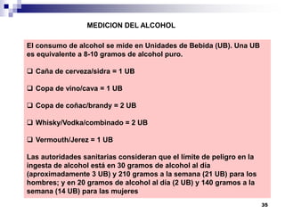 MEDICION DEL ALCOHOL
El consumo de alcohol se mide en Unidades de Bebida (UB). Una UB
es equivalente a 8-10 gramos de alcohol puro.
 Caña de cerveza/sidra = 1 UB
 Copa de vino/cava = 1 UB
 Copa de coñac/brandy = 2 UB
 Whisky/Vodka/combinado = 2 UB
 Vermouth/Jerez = 1 UB
Las autoridades sanitarias consideran que el límite de peligro en la
ingesta de alcohol está en 30 gramos de alcohol al día
(aproximadamente 3 UB) y 210 gramos a la semana (21 UB) para los
hombres; y en 20 gramos de alcohol al día (2 UB) y 140 gramos a la
semana (14 UB) para las mujeres
35
 
