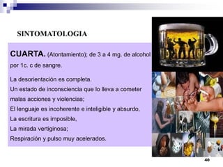 CUARTA. (Atontamiento); de 3 a 4 mg. de alcohol
por 1c. c de sangre.
La desorientación es completa.
Un estado de inconsciencia que lo lleva a cometer
malas acciones y violencias;
El lenguaje es incoherente e inteligible y absurdo,
La escritura es imposible,
La mirada vertiginosa;
Respiración y pulso muy acelerados.
SINTOMATOLOGIA
40
 