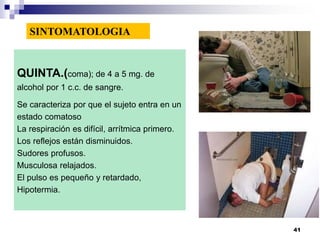 QUINTA.(coma); de 4 a 5 mg. de
alcohol por 1 c.c. de sangre.
Se caracteriza por que el sujeto entra en un
estado comatoso
La respiración es difícil, arrítmica primero.
Los reflejos están disminuidos.
Sudores profusos.
Musculosa relajados.
El pulso es pequeño y retardado,
Hipotermia.
SINTOMATOLOGIA
41
 