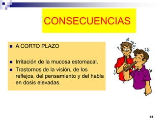 CONSECUENCIAS
 A CORTO PLAZO
 Irritación de la mucosa estomacal.
 Trastornos de la visión, de los
reflejos, del pensamiento y del habla
en dosis elevadas.
54
 