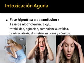 2- Fase hipnótica o de confusión :
Tasa de alcoholemia: 2 g/L.
Irritabilidad, agitación, somnolencia, cefalea,
disartria, ataxia, dismetría, nauseas y vómitos.
 