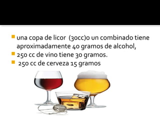  una copa de licor (30cc)o un combinado tiene
aproximadamente 40 gramos de alcohol,
 250 cc de vino tiene 30 gramos.
 250 cc de cerveza 15 gramos
 