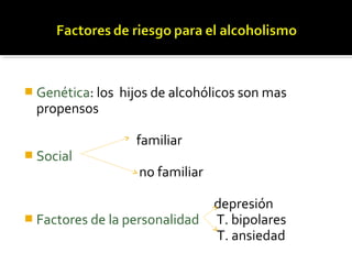  Genética: los hijos de alcohólicos son mas
propensos
familiar
 Social
no familiar
depresión
 Factores de la personalidad T. bipolares
T. ansiedad
 