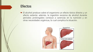 Efectos
 El alcohol produce sobre el organismo un efecto tóxico directo y un
efecto sedante; además, la ingestión excesiva de alcohol durante
periodos prolongados conduce a carencias en la nutrición y en
otras necesidades orgánicas, lo cual complica la situación.
 