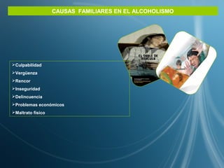 Culpabilidad
Vergüenza
Rencor
Inseguridad
Delincuencia
Problemas económicos
Maltrato físico
CAUSAS FAMILIARES EN EL ALCOHOLISMO
 