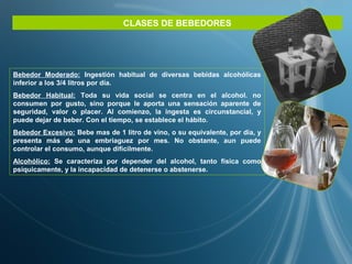 CLASES DE BEBEDORES
Bebedor Moderado: Ingestión habitual de diversas bebidas alcohólicas
inferior a los 3/4 litros por día.
Bebedor Habitual: Toda su vida social se centra en el alcohol. no
consumen por gusto, sino porque le aporta una sensación aparente de
seguridad, valor o placer. Al comienzo, la ingesta es circunstancial, y
puede dejar de beber. Con el tiempo, se establece el hábito.
Bebedor Excesivo: Bebe mas de 1 litro de vino, o su equivalente, por día, y
presenta más de una embriaguez por mes. No obstante, aun puede
controlar el consumo, aunque difícilmente.
Alcohólico: Se caracteriza por depender del alcohol, tanto física como
psíquicamente, y la incapacidad de detenerse o abstenerse.
 
