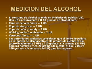 MEDICION DEL ALCOHOL El consumo de alcohol se mide en Unidades de Bebida (UB). Una UB es equivalente a 8-10 gramos de alcohol puro. Caña de cerveza/sidra = 1 UB Copa de vino/cava = 1 UB Copa de coñac/brandy = 2 UB Whisky/Vodka/combinado = 2 UB Vermouth/Jerez = 1 UB Las autoridades sanitarias consideran que el límite de peligro en la ingesta de alcohol está en 30 gramos de alcohol al día (aproximadamente 3 UB) y 210 gramos a la semana (21 UB) para los hombres; y en 20 gramos de alcohol al día (2 UB) y 140 gramos a la semana (14 UB) para las mujeres 