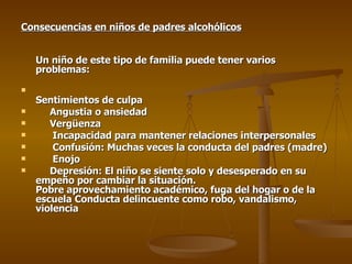 Consecuencias en niños de padres alcohólicos Un niño de este tipo de familia puede tener varios problemas:  Sentimientos de culpa Angustia o ansiedad Vergüenza Incapacidad para mantener relaciones interpersonales Confusión: Muchas veces la conducta del padres (madre)  Enojo  Depresión: El niño se siente solo y desesperado en su empeño por cambiar la situación.  Pobre aprovechamiento académico, fuga del hogar o de la escuela Conducta delincuente como robo, vandalismo, violencia 