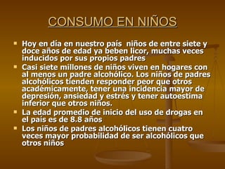 CONSUMO EN NIÑOS Hoy en día en nuestro país  niños de entre siete y doce años de edad ya beben licor, muchas veces inducidos por sus propios padres  Casi siete millones de niños viven en hogares con al menos un padre alcohólico. Los niños de padres alcohólicos tienden responder peor que otros académicamente, tener una incidencia mayor de depresión, ansiedad y estrés y tener autoestima inferior que otros niños. La edad promedio de inicio del uso de drogas en el país es de 8.8 años Los niños de padres alcohólicos tienen cuatro veces mayor probabilidad de ser alcohólicos que otros niños 