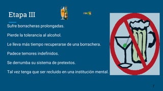 Etapa III
Sufre borracheras prolongadas.
Pierde la tolerancia al alcohol.
Le lleva más tiempo recuperarse de una borrachera.
Padece temores indefinidos.
Se derrumba su sistema de pretextos.
Tal vez tenga que ser recluido en una institución mental.
7
 