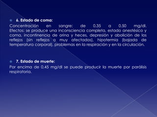 6. Estado de coma:
Concentración
en
sangre:
de
0,35
a
0,50
mg/dl.
Efectos: se produce una inconsciencia completa, estado anestésico y
coma, incontinencia de orina y heces, depresión y abolición de los
reflejos (sin reflejos o muy afectados), hipotermia (bajada de
temperatura corporal), problemas en la respiración y en la circulación.


7. Estado de muerte:
Por encima de 0,45 mg/dl se puede producir la muerte por parálisis
respiratoria.


 