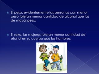 

El peso: evidentemente las personas con menor
peso toleran menos cantidad de alcohol que las
de mayor peso.



El sexo: las mujeres toleran menor cantidad de
etanol en su cuerpo que los hombres.

 