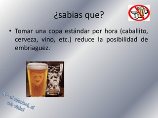 ¿sabias que?
• Tomar una copa estándar por hora (caballito,
cerveza, vino, etc.) reduce la posibilidad de
embriaguez.

 
