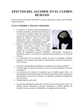 EFECTOS DEL ALCOHOL EN EL CUERPO
             HUMANO
Son muy diversos los efectos del alcohol a medio y largo plazo y actúan sobre múltiples
órganos y sistemas.

EN EL CEREBRO Y SISTEMA NERVIOSO

       El consumo de alcohol inhibe gradualmente las
       funciones cerebrales, afectando en primer lugar a
       las emociones (cambios súbitos de humor), los
       procesos de pensamiento y el juicio. Si continúa la
       ingesta de alcohol se altera el control motor,
       produciendo mala pronunciación al hablar,
       reacciones más lentas y pérdida del equilibrio.[3]
       Altera la acción de los neurotransmisores, pues
       modifica su estructura y función. Ello produce
       múltiples efectos: disminución de la alerta,
       retardo de los reflejos, cambios en la visión,
       pérdida de coordinación muscular, temblores y alucinaciones. Disminuye el
       autocontrol, afecta a la memoria, la capacidad de concentración y las funciones
       motoras.
       La combinación de los anteriores efectos es causa de múltiples accidentes
       laborales y de circulación, que cuestan la vida cada año a millones de personas en
       todo el mundo.

       El alcohol es responsable del 30-50% de los accidentes con víctimas mortales.[4]
       El alcohol daña las células cerebrales, así como los nervios periféricos, de forma
       irreversible.[5]
       La disminución de vitamina B1 producida por el alcohol puede llevar a la
       enfermedad de Wernicke-Korsakoff, que provoca alteraciones de los sentimientos,
       pensamientos y memoria de la persona. Los afectados confunden la realidad con
       sus invenciones.
       Produce trastornos del sueño.

       Las personas alcohólicas se aíslan de su entorno social, suelen padecer crisis en los
       ámbitos familiar (discusiones, divorcios, abandonos) y laboral (pérdida del
       empleo), lo que los conduce a la depresión y, en algunos casos, al suicidio.




                                            23
 