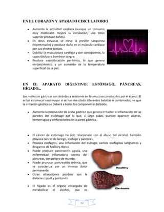 EN EL CORAZÓN Y APARATO CIRCULATORIO

       Aumenta la actividad cardíaca (aunque un consumo
       muy moderado mejora la circulación, una dosis
       superior produce daños).
       En dosis elevadas se eleva la presión sanguínea
       (hipertensión) y produce daño en el músculo cardíaco
       por sus efectos tóxicos.
       Debilita la musculatura cardíaca y por consiguiente, la
       capacidad para bombear sangre.
       Produce vasodilatación periférica, lo que genera
       enrojecimiento y un aumento de la temperatura
       superficial de la piel.




EN EL APARATO                   DIGESTIVO:           ESTÓMAGO,            PÁNCREAS,
HÍGADO...

Las molestias gástricas son debidas a erosiones en las mucosas producidas por el etanol. El
ardor estomacal será mayor si se han mezclado diferentes bebidas o combinados, ya que
la irritación gástrica se deberá a todos los componentes bebidos.

       Aumenta la producción de ácido gástrico que genera irritación e inflamación en las
       paredes del estómago por lo que, a largo plazo, pueden aparecer úlceras,
       hemorragias y perforaciones de la pared gástrica.



       El cáncer de estómago ha sido relacionado con el abuso del alcohol. También
       provoca cáncer de laringe, esófago y páncreas.
       Provoca esofagitis, una inflamación del esófago, varices esofágicas sangrantes y
       desgarros de Mallory-Weiss.
       Puede producir pancreatitis aguda, una
       enfermedad inflamatoria severa del
       páncreas, con peligro de muerte.
       Puede provocar pancreatitis crónica, que
       se caracteriza por un intenso dolor
       permanente.
       Otras alteraciones posibles son la
       diabetes tipo II y peritonitis.

       El hígado es el órgano encargado de
       metabolizar el alcohol, que es



                                            24
 