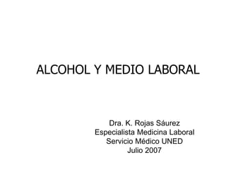 ALCOHOL Y MEDIO LABORAL
Dra. K. Rojas Sáurez
Especialista Medicina Laboral
Servicio Médico UNED
Julio 2007
 