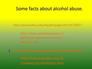       Some facts about alcohol abuse.http://www.ohsu.edu/health/page.cfm?id=10077 http://www.alcoholanswers.org/alcohol-education/alcohol-statistics.cfm1http://www.marininstitute.org/alcohol_policy/violence.htmhttp://www.taadas.org/factsheets/alcoholStats.htm