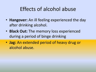 Effects of alcohol abuse Hangover: An ill feeling experienced the day after drinking alcohol.Black Out: The memory loss experienced during a period of binge drinkingJag: An extended period of heavy drug or alcohol abuse.
