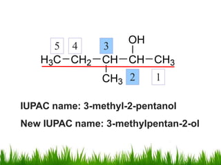 IUPAC name: 3-methyl-2-pentanol
New IUPAC name: 3-methylpentan-2-ol
4 3
2 1
5 3
2
 