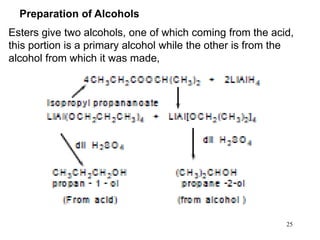 25
Esters give two alcohols, one of which coming from the acid,
this portion is a primary alcohol while the other is from the
alcohol from which it was made,
Preparation of Alcohols
 