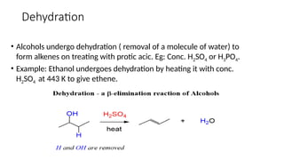 Dehydration
• Alcohols undergo dehydration ( removal of a molecule of water) to
form alkenes on treating with protic acic. Eg: Conc. H2SO4 or H3PO4.
• Example: Ethanol undergoes dehydration by heating it with conc.
H2SO4 at 443 K to give ethene.
 