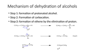 Mechanism of dehydration of alcohols
• Step 1: formation of protonated alcohol.
• Step 2: Formation of carbocation.
• Step:3: formation of ethene by the elimination of proton.
 