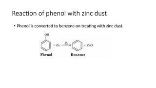 Reaction of phenol with zinc dust
• Phenol is converted to benzene on treating with zinc dust.
 