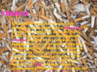 TABACO El  tabac  és un producte derivat de diverses espècies del gènere  Nicotiana . El tabac creix a diferents parts del món i conté la droga estimulant anomenada  nicotina . A partir de les fulles de les  tabaqueres  un cop seques i preparades convenientment. El tabac es consumeix fumat, però també es consumit d'altres maneres com a droga recreativa. Hi ha proves que apunten que és fortament addictiva. El  fum  del tabac conté 4 components perjudicials per a la salut: els  quitrans , el  monòxid de carboni , les substàncies irritants i la  nicotina .  