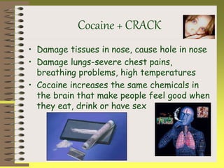 Cocaine + CRACK
• Damage tissues in nose, cause hole in nose
• Damage lungs-severe chest pains,
breathing problems, high temperatures
• Cocaine increases the same chemicals in
the brain that make people feel good when
they eat, drink or have sex
 