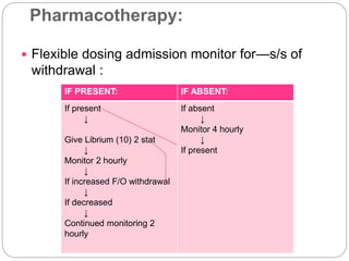 Pharmacotherapy:
 Flexible dosing admission monitor for—s/s of
withdrawal :
IF PRESENT: IF ABSENT:
If present
↓
Give Librium (10) 2 stat
↓
Monitor 2 hourly
↓
If increased F/O withdrawal
↓
If decreased
↓
Continued monitoring 2
hourly
If absent
↓
Monitor 4 hourly
↓
If present
 