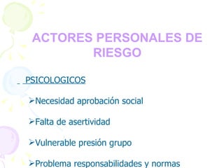FACTORES PERSONALES DE RIESGO   PSICOLOGICOS Necesidad aprobación social Falta de asertividad Vulnerable presión grupo Problema responsabilidades y normas 