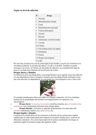 Según su nivel de adicción

                                 Nº             Droga
                                 1 Nicotina
                                 2 Metamfetamina fumada
                                 3 Crack
                                 4 Metamfetamina inyectada
                                 5 Valium (Diazepam)
                                 6 Alcohol
                                 7 Heroína
                                 8 Anfetamina vía Oral (Crank)
                                 9 Cocaína
                                 10 Cafeína
                                 11 Fenciclidina (polvo de ángel)
                                 12 Marihuana
                                 13 Éxtasis
                                 14 Hongos alucinógenas
                                  15 LSD
    De esta lista al menos tres son de venta legal en las tiendas y son de uso corriente en la
    sociedad occidental: la nicotina del tabaco, el café y el alcohol. También se puede
    conseguir con receta: el Valium, de alto poder de adicción. La consideración legal de
    éstas es sin duda muy diferente de las del resto de la lista.
    Drogas duras y blandas
    La diferencia entre una droga dura y una droga blanda es que aquella causa una adicción
    y/o una dependencia física y psíquica, mientras que una droga blanda solamente causa
    una sola adicción y/o dependencia, la cual puede ser a nivel psíquico solo o físico solo.




    El cannabis (marihuana) afecta casi todos los sistemas corporales. En él se combinan
    muchas de las propiedades del alcohol, los tranquilizantes, los opiáceos y los
    alucinógenos.
•          Drogas duras: la cocaína, los opioides (morfina, heroína, etc.), el alcohol, o las
    anfetaminas son comúnmente descritas como drogas duras.
•          Drogas blandas: el término es aplicado generalmente a los derivados del
    cannabis (marihuana, hachís, etc.), a la cafeína, etc.
    Drogas legales e ilegales
    Consiste en la clasificación de las sustancias en función de las restricciones legales
    establecidas en cada estado particular respecto al consumo, producción y venta de las
    diferentes sustancias. Así, en la mayor parte de los países occidentales las drogas se
    clasifican según la normativa legal, del siguiente modo:
 