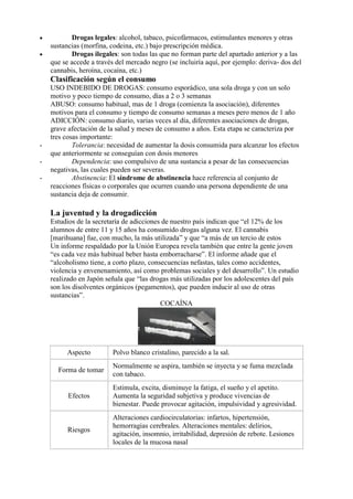 •          Drogas legales: alcohol, tabaco, psicofármacos, estimulantes menores y otras
    sustancias (morfina, codeina, etc.) bajo prescripción médica.
•          Drogas ilegales: son todas las que no forman parte del apartado anterior y a las
    que se accede a través del mercado negro (se incluiría aquí, por ejemplo: deriva- dos del
    cannabis, heroína, cocaína, etc.)
    Clasificación según el consumo
    USO INDEBIDO DE DROGAS: consumo esporádico, una sola droga y con un solo
    motivo y poco tiempo de consumo, días a 2 o 3 semanas
    ABUSO: consumo habitual, mas de 1 droga (comienza la asociación), diferentes
    motivos para el consumo y tiempo de consumo semanas a meses pero menos de 1 año
    ADICCIÓN: consumo diario, varias veces al día, diferentes asociaciones de drogas,
    grave afectación de la salud y meses de consumo a años. Esta etapa se caracteriza por
    tres cosas importante:
-           Tolerancia: necesidad de aumentar la dosis consumida para alcanzar los efectos
    que anteriormente se conseguían con dosis menores
-           Dependencia: uso compulsivo de una sustancia a pesar de las consecuencias
    negativas, las cuales pueden ser severas.
-           Abstinencia: El síndrome de abstinencia hace referencia al conjunto de
    reacciones físicas o corporales que ocurren cuando una persona dependiente de una
    sustancia deja de consumir.

    La juventud y la drogadicción
    Estudios de la secretaría de adicciones de nuestro país indican que “el 12% de los
    alumnos de entre 11 y 15 años ha consumido drogas alguna vez. El cannabis
    [marihuana] fue, con mucho, la más utilizada” y que “a más de un tercio de estos
    Un informe respaldado por la Unión Europea revela también que entre la gente joven
    “es cada vez más habitual beber hasta emborracharse”. El informe añade que el
    “alcoholismo tiene, a corto plazo, consecuencias nefastas, tales como accidentes,
    violencia y envenenamiento, así como problemas sociales y del desarrollo”. Un estudio
    realizado en Japón señala que “las drogas más utilizadas por los adolescentes del país
    son los disolventes orgánicos (pegamentos), que pueden inducir al uso de otras
    sustancias”.
                                           COCAÍNA




         Aspecto          Polvo blanco cristalino, parecido a la sal.
                          Normalmente se aspira, también se inyecta y se fuma mezclada
      Forma de tomar
                          con tabaco.
                          Estimula, excita, disminuye la fatiga, el sueño y el apetito.
          Efectos         Aumenta la seguridad subjetiva y produce vivencias de
                          bienestar. Puede provocar agitación, impulsividad y agresividad.
                          Alteraciones cardiocirculatorias: infartos, hipertensión,
                          hemorragias cerebrales. Alteraciones mentales: delirios,
          Riesgos
                          agitación, insomnio, irritabilidad, depresión de rebote. Lesiones
                          locales de la mucosa nasal
 